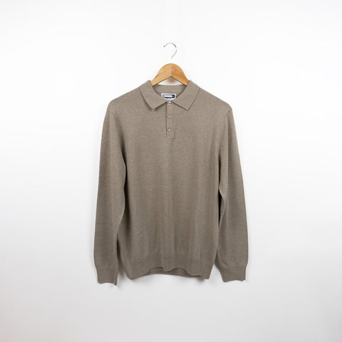 Lightweight 100% Cotton Long Sleeve Knitted Polo Shirt - Fawn